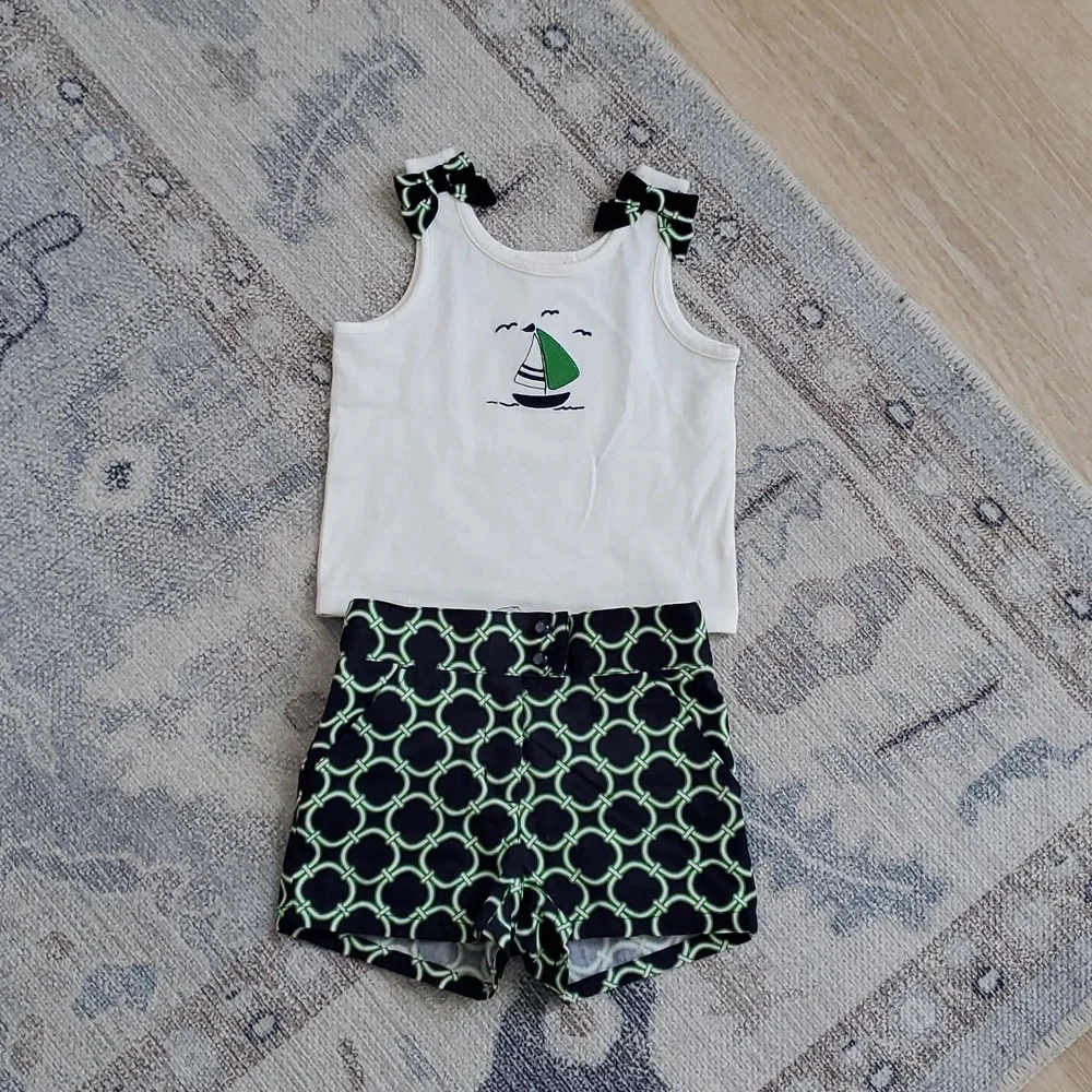 Janie and Jack Baby Girls 2 Piece Sailboat Green Blue Bow Outfit Sz12-18m